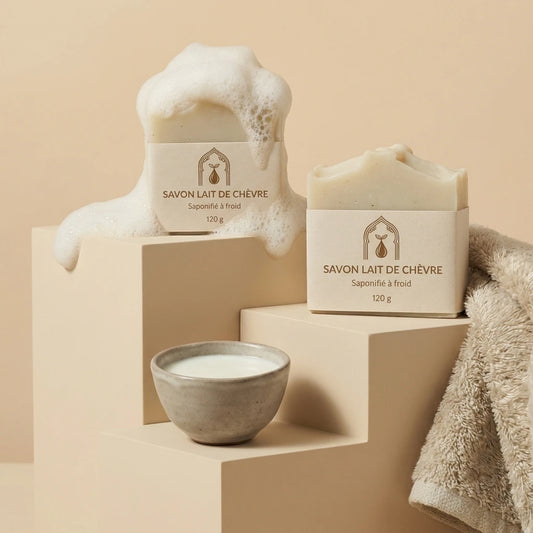 Savon au lait de chèvre blanc en bloc avec étiquette crème, 120 g