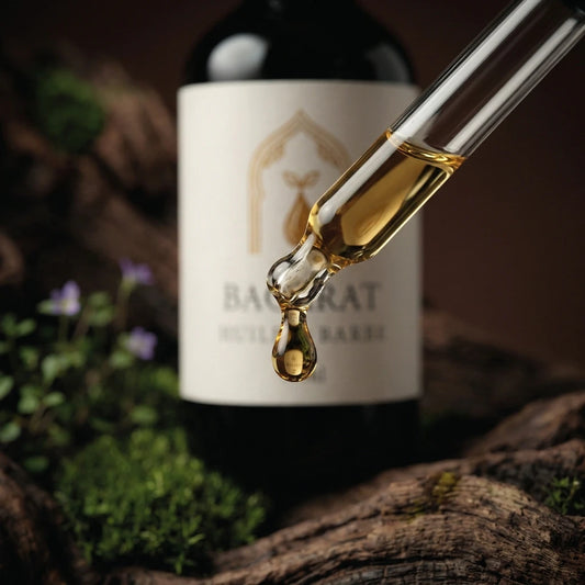 Flacon d’huile à barbe Bacarat avec compte-gouttes, goutte d’huile dorée