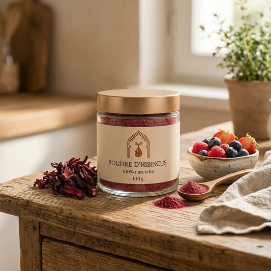 Pot de poudre d’hibiscus 100 g, étiquette beige, couvercle doré et cuillère de poudre