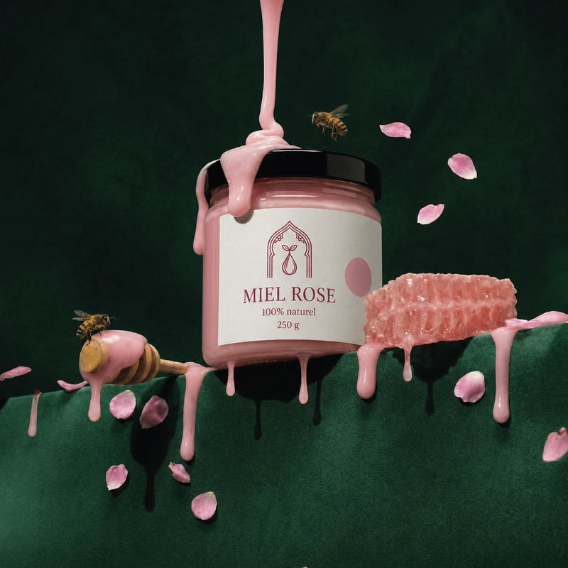 Pot de miel rose 250 g, couvercle noir et rayon de cire, filet de miel rose qui coule
