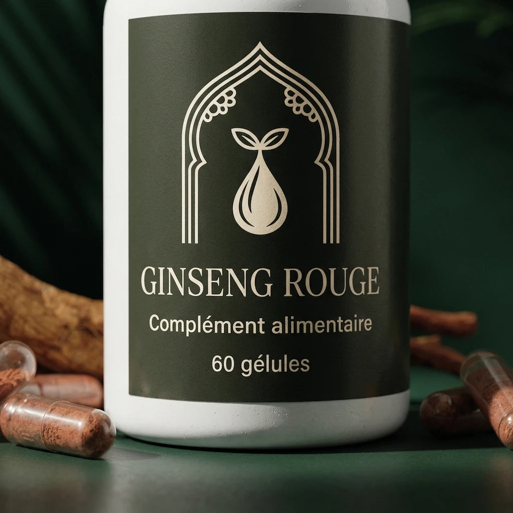 Bouteille de complément ginseng rouge, étiquette noire, « 60 gélules » visibles.