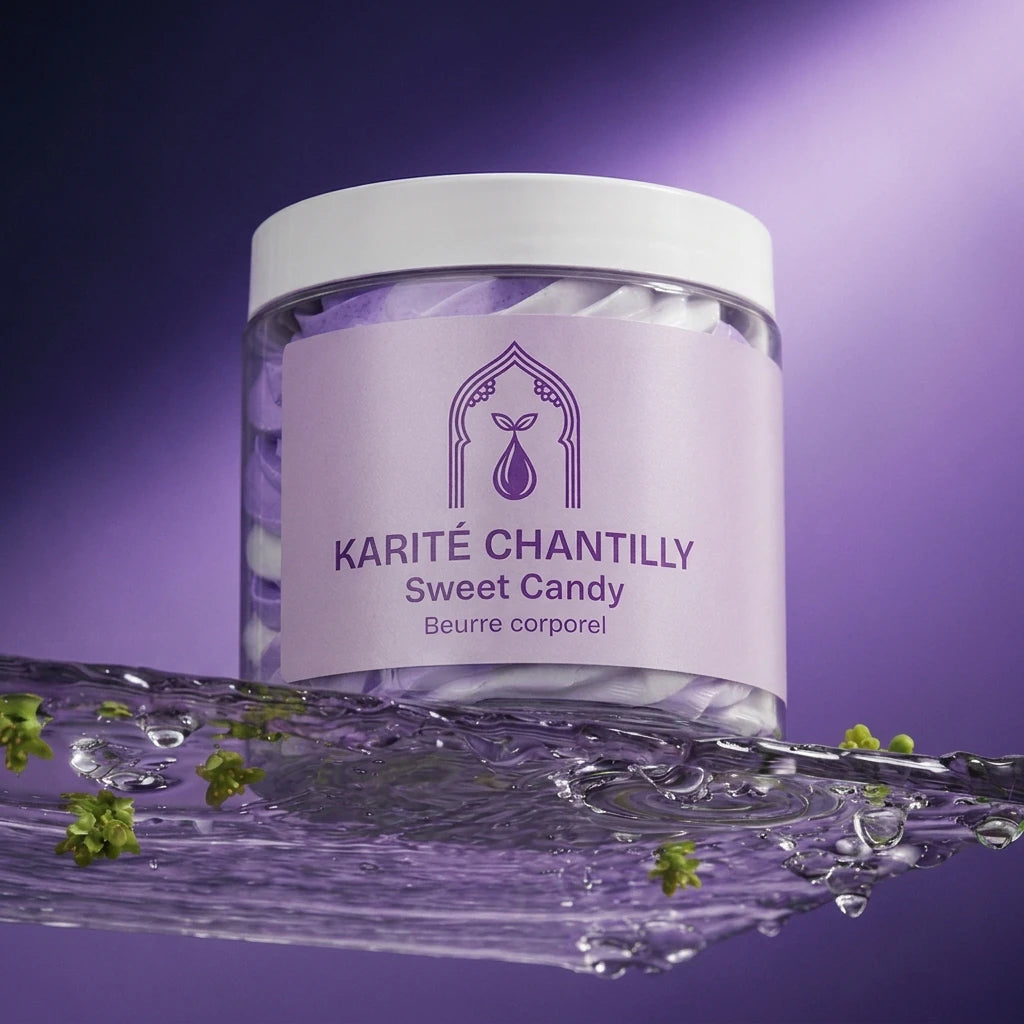Pot de beurre corporel au karité, couvercle blanc, étiquette violette Sweet Candy.