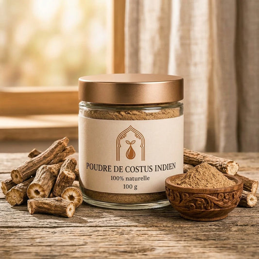 Bocal en verre de poudre de costus indien 100 g, poudre brune, racines séchées autour