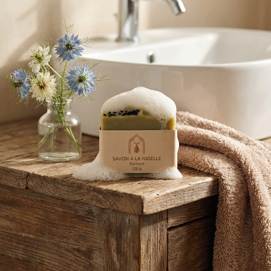 Savon purifiant à la nigelle 120 g, pain crème avec graines noires, emballage beige.