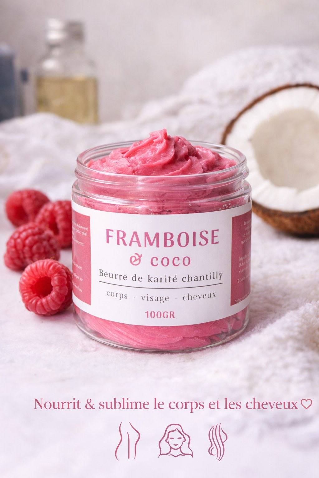 Beurre de karité TAYIB Framboise & Coco avec framboises et noix de coco
