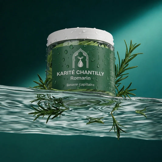 Beurre de karité chantilly au romarin en pot vert, couvercle blanc et brins de romarin.