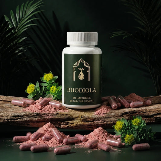 Flacon Rhodiola 60 gélules, entouré de capsules roses sur un socle en bois.