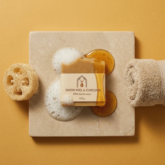 Savon miel et curcuma beige sur plaque, mousse blanche autour et gouttes ambrées.