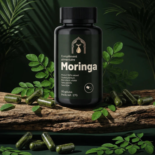 Bouteille de gélules de moringa noire avec bouchon, entourée de capsules vertes.