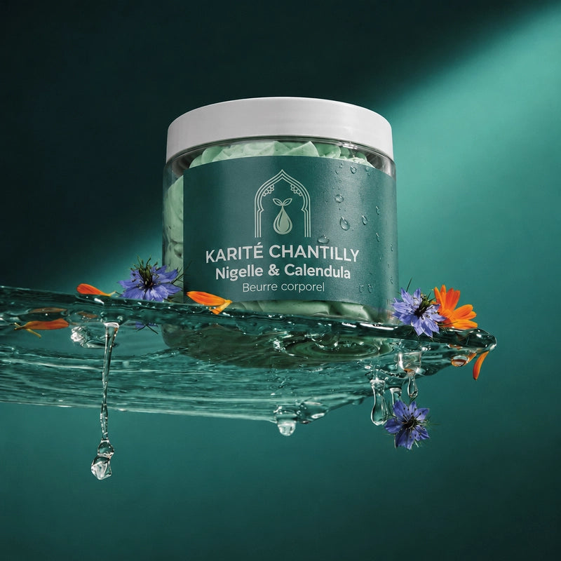 Pot de beurre corporel Karité Chantilly Nigelle & Calendula, gouttes d’eau et fleurs autour.