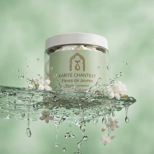 Beurre corporel au karité Fleurs de Jasmin en pot en verre, couvercle argent