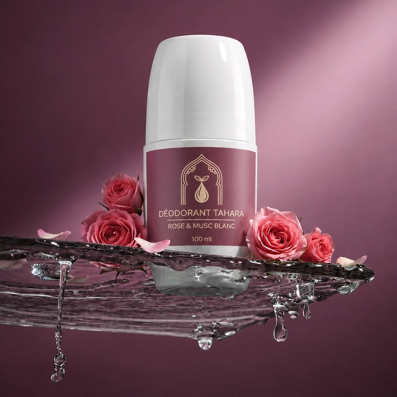 Stick déodorant Tahara flacon blanc, étiquette rose, avec éclaboussures autour, 100 ml