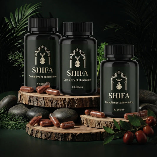 Lot de flacons noirs de compléments en gélules, logo doré SHIFA, 60 gélules, capsules.