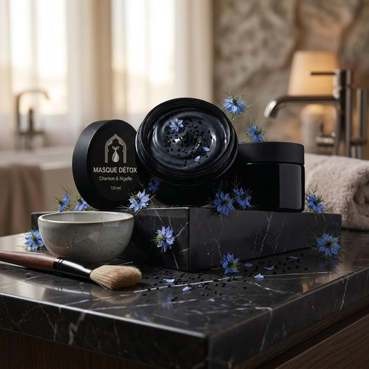 Pot de masque détox noir ouvert avec couvercle, fleurs bleues autour