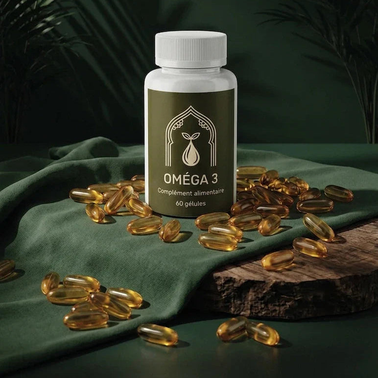 Flacon de capsules sur tissu vert, capsules dorées éparpillées, étiquette « OMÉGA 3 ».