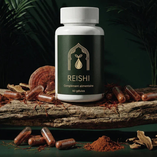 Pot de gélules Reishi 60, bocal blanc à étiquette vert foncé
