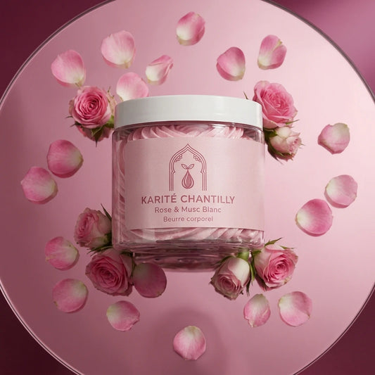 Pot de beurre corporel Karité Chantilly Rose & Musc Blanc, pot rose et couvercle blanc.