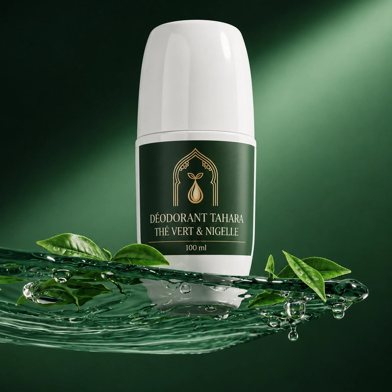 Déodorant Tahara blanc, tête cylindrique et étiquette verte, logo doré, 100 ml.