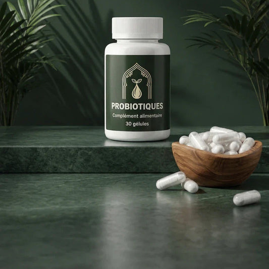 Bocal de probiotiques blanc avec étiquette vert foncé, gélules blanches dans un bol en bois
