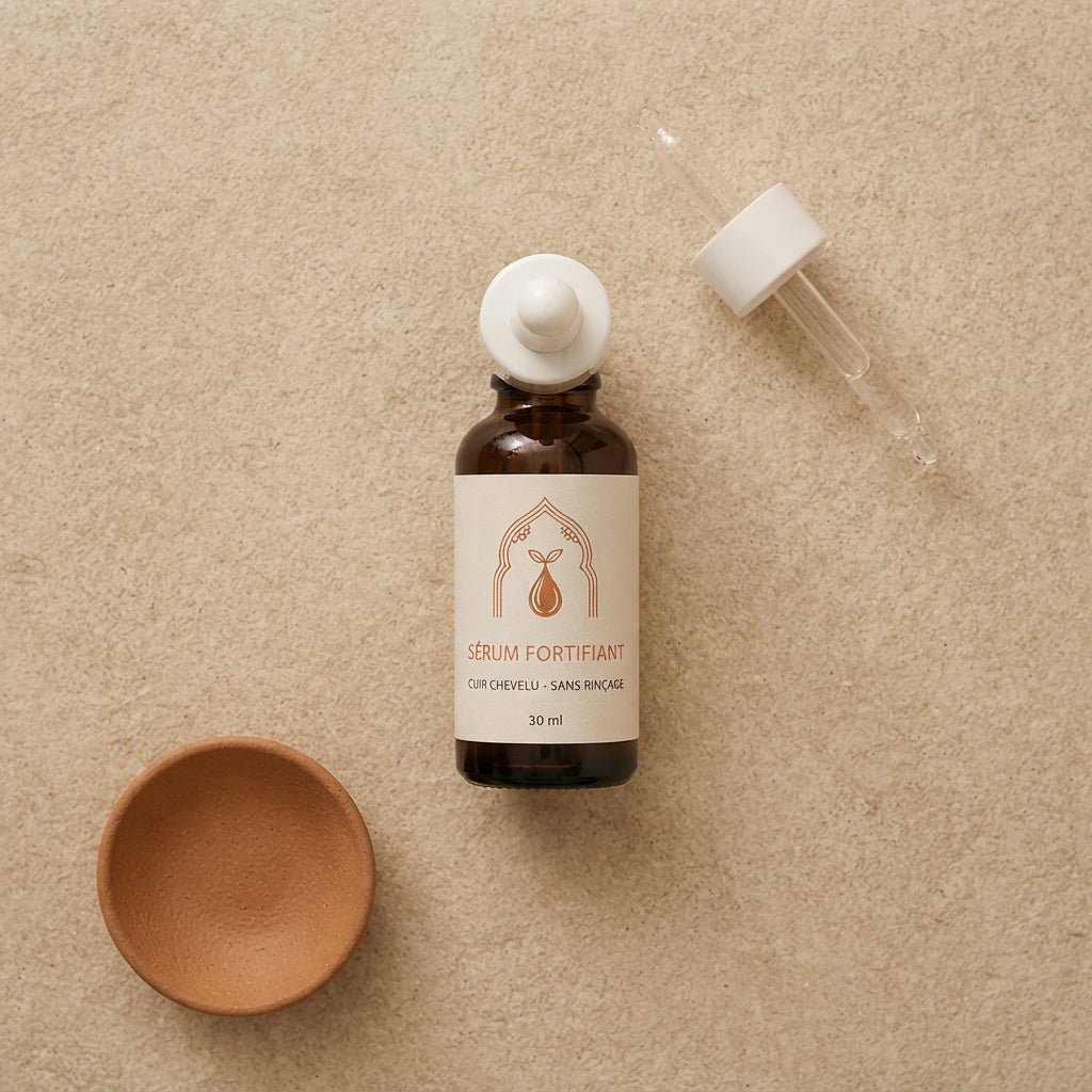 Sérum fortifiant pour cheveux en flacon ambré avec bouchon blanc et pipette, 30 ml