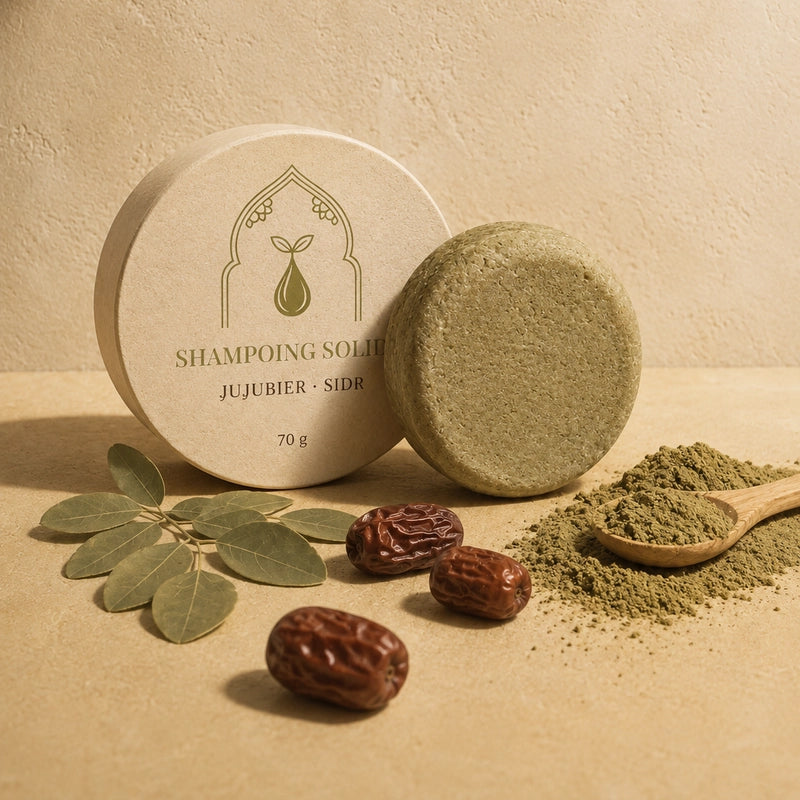 Shampoing solide en pastille ronde et galette vert olive, avec poudre sur une cuillère