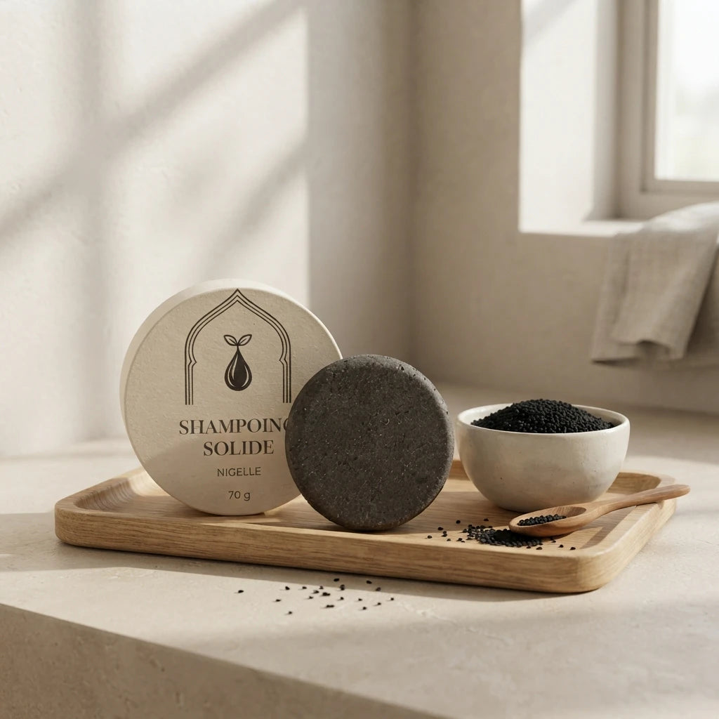 Barre de shampooing solide foncée sur plateau en bois avec étiquette ronde et graines.
