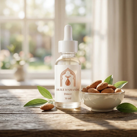 Flacon d’huile d’amande douce 50 ml, compte-gouttes blanc, près d’amandes et feuilles.