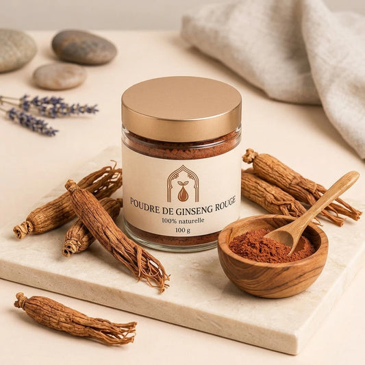 Pot en verre de poudre de ginseng rouge, couvercle doré, racines et cuillère en bois