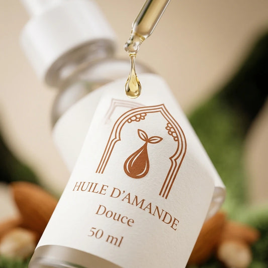 Flacon d’huile d’amande douce 50 ml, avec compte-gouttes, étiquette brune.