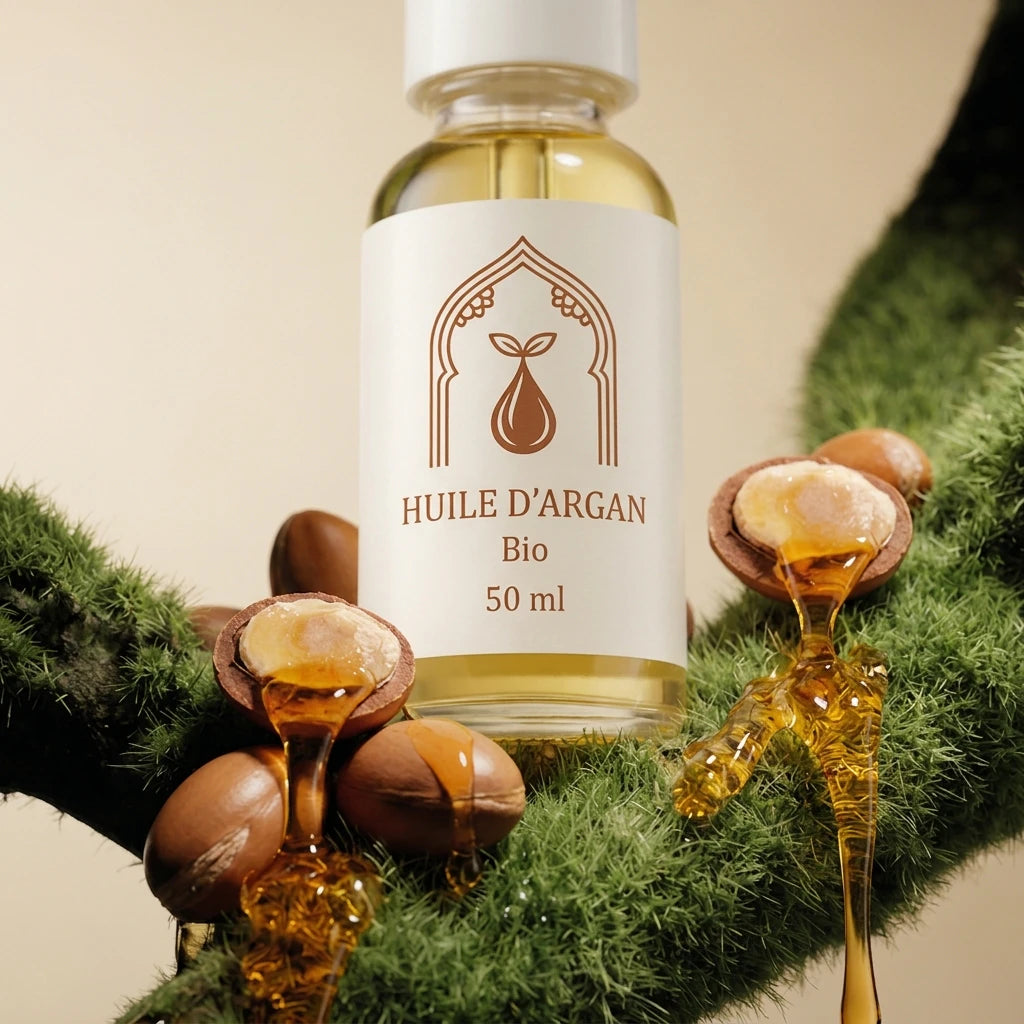 Flacon d’huile d’argan bio 50 ml, verre ambré et pipette blanche, étiqueté