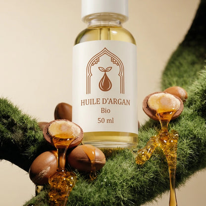 Flacon d’huile d’argan bio 50 ml, verre ambré et pipette blanche, étiqueté