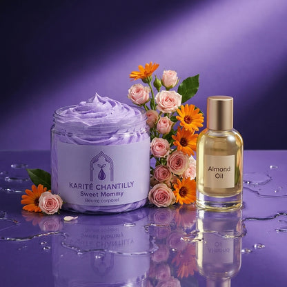 Pot de chantilly au karité lilas sur fond violet, avec fleurs et flacon d’huile.