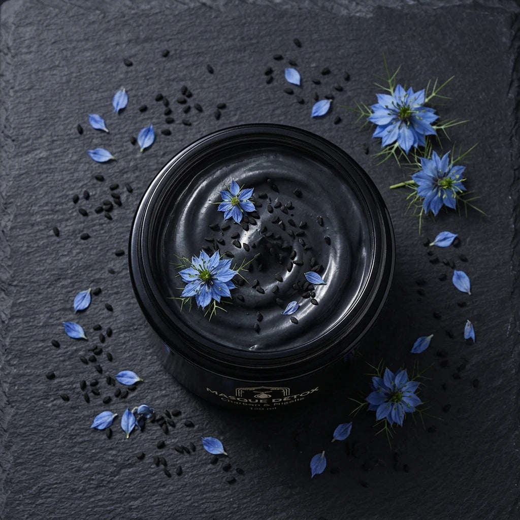 Petit pot de masque noir au charbon, ouvert, granules sombres et fleurs bleues