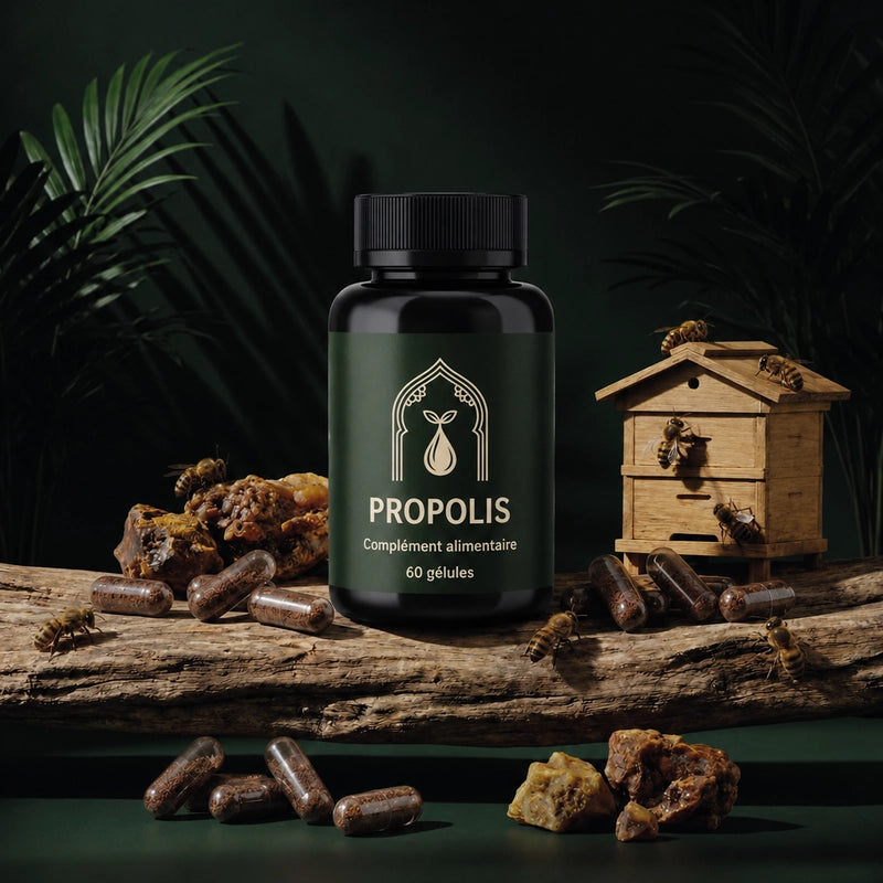 Bouteille de propolis 60 gélules avec gélules brunes, abeilles et morceaux