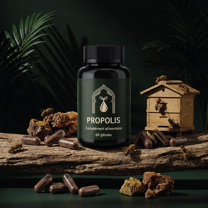 Bouteille de propolis 60 gélules avec gélules brunes, abeilles et morceaux