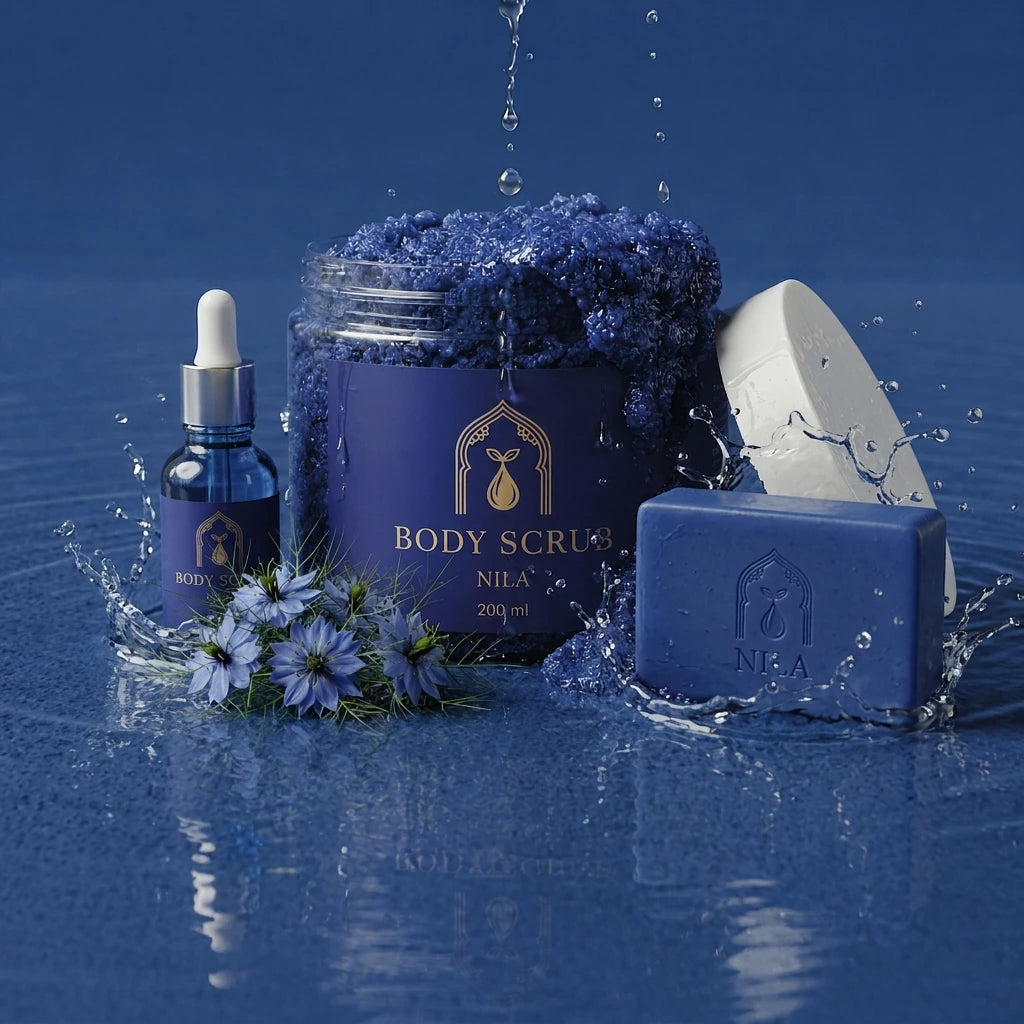 Ensemble gommage corps Nila bleu foncé: pot, flacon compte-gouttes et cube, éclaboussures
