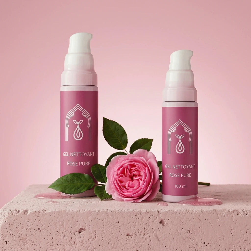 Deux flacons-pompes de gel nettoyant rose poudré, avec rose rose et feuille verte.