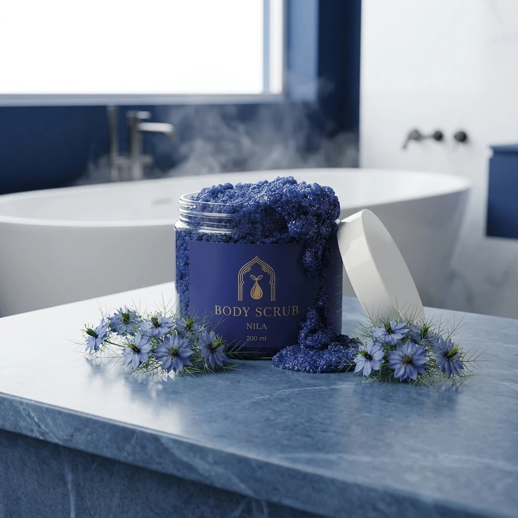 Pot de gommage corps Nila bleu foncé, couvercle blanc, texture avec fleurs bleues