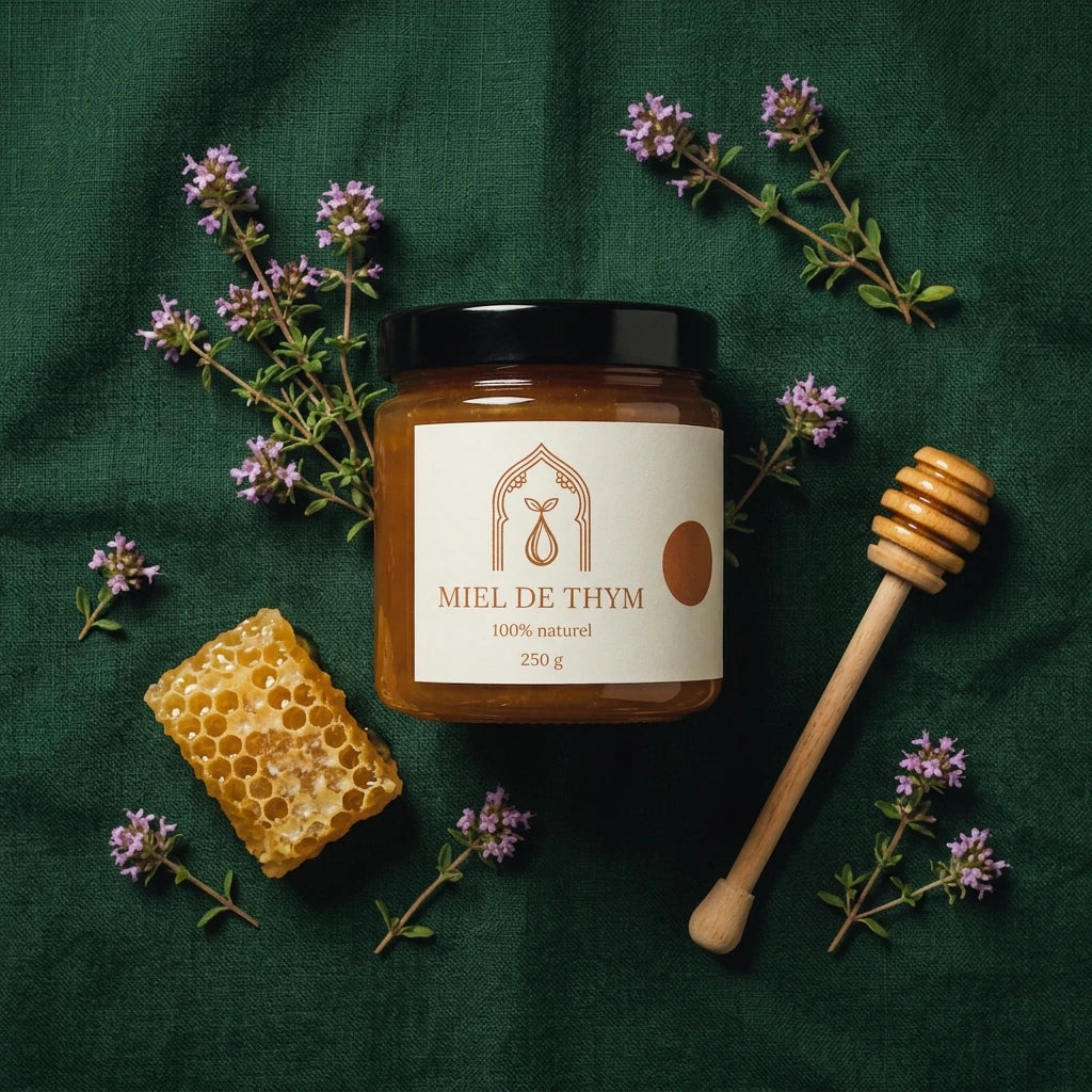 Pot de miel de thym 250 g, couvercle noir, ruches et brin de thym à côté