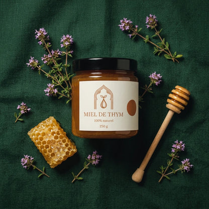 Pot de miel de thym 250 g, couvercle noir, ruches et brin de thym à côté