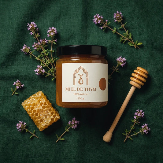 Pot de miel de thym 250 g, couvercle noir, ruches et brin de thym à côté