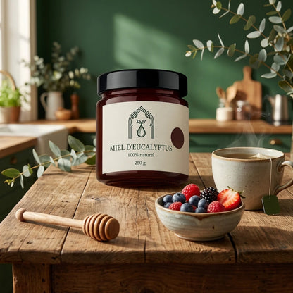 Pot de miel d’eucalyptus 250 g sur table en bois, tasse, fruits, couvercle noir.