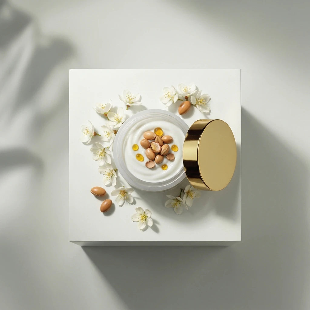 Pot de crème anti-âge blanche, couvercle doré ouvert, fleurs décoratives autour