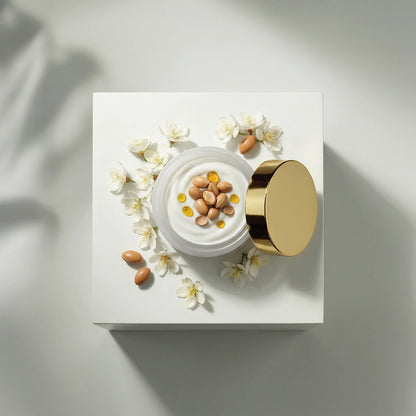 Pot de crème anti-âge blanche, couvercle doré ouvert, fleurs décoratives autour