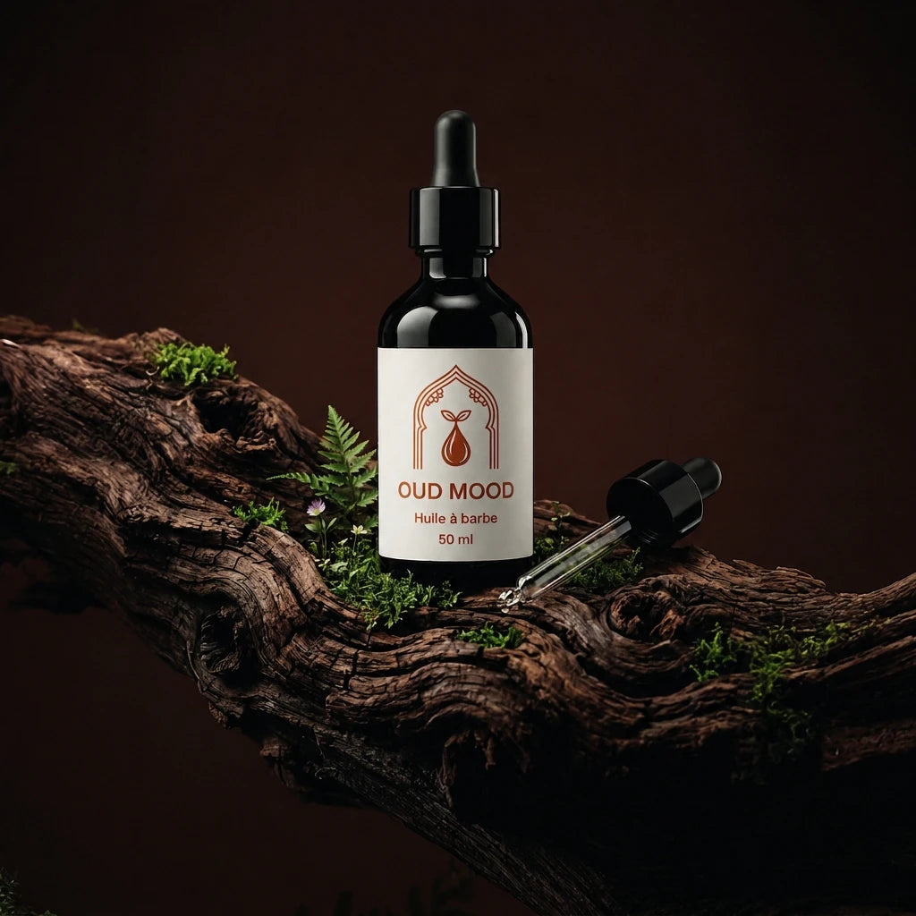 Huile à barbe Oud mood 50 ml : flacon noir à compte-gouttes