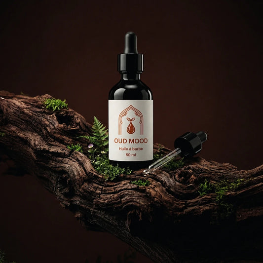 Huile à barbe Oud mood 50 ml : flacon noir à compte-gouttes
