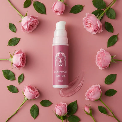 Flacon-pompe de gel nettoyant rose poudré, entouré de roses roses et feuilles vertes.