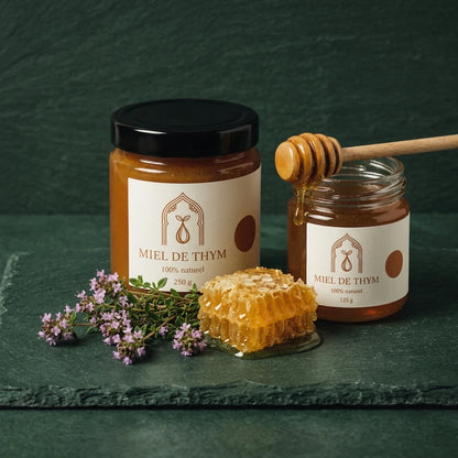 Pot de miel de thym 250 g avec pot en verre, cuillère en bois et rayon de miel