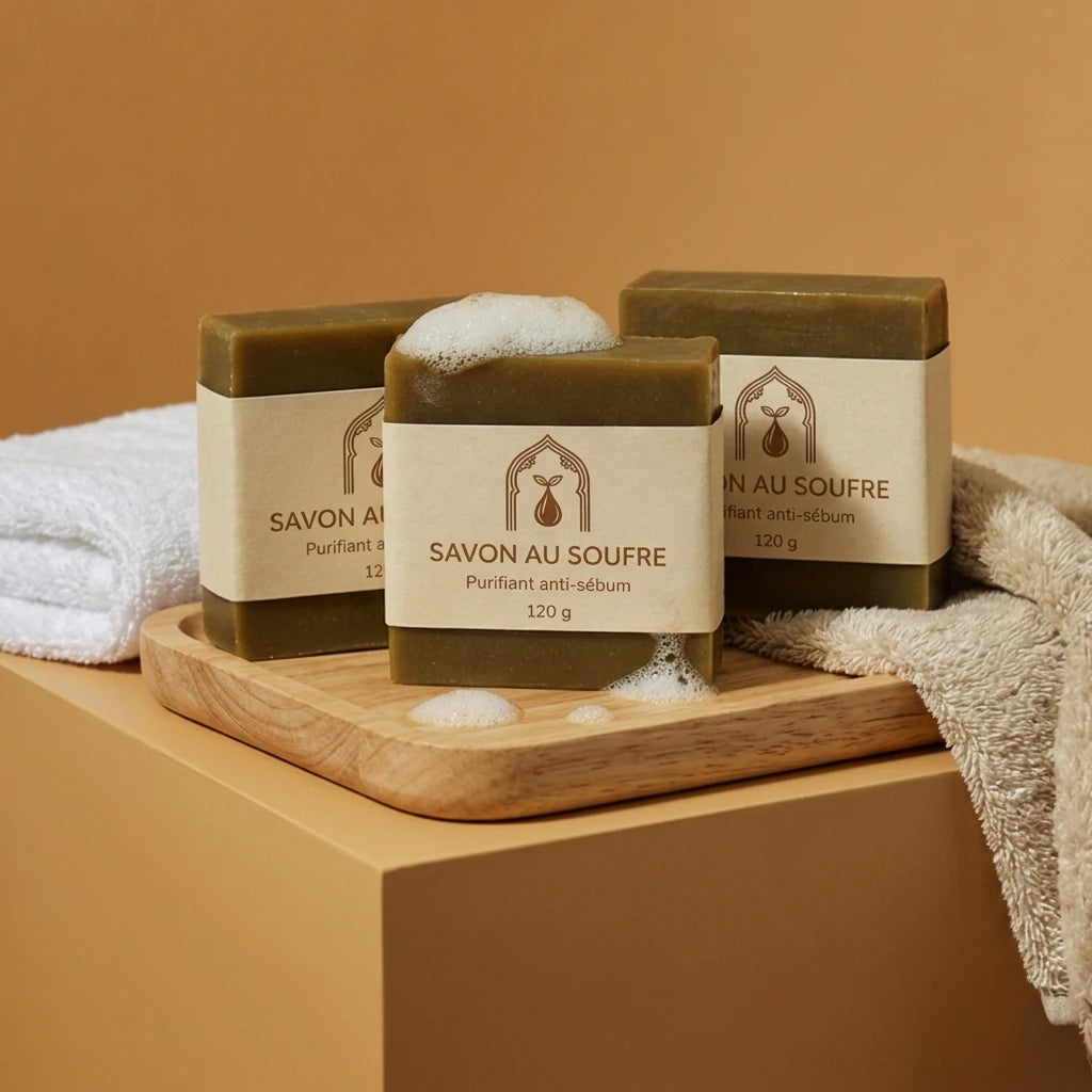 Lot de pains de savon au soufre bruns, étiquettes crème, mousse sur plateau en bois.