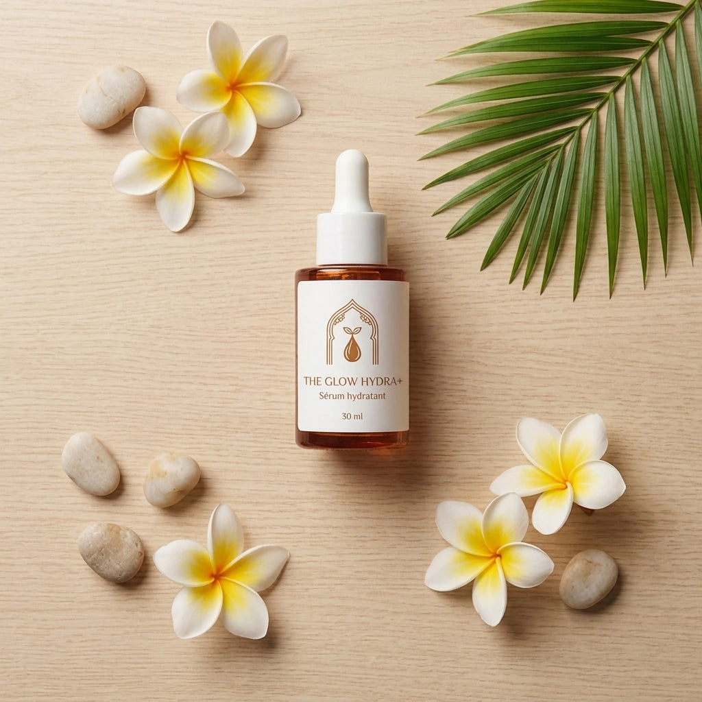Flacon sérum hydratant The Glow Hydra+ 30 ml sur fond clair, pipette compte-gouttes.